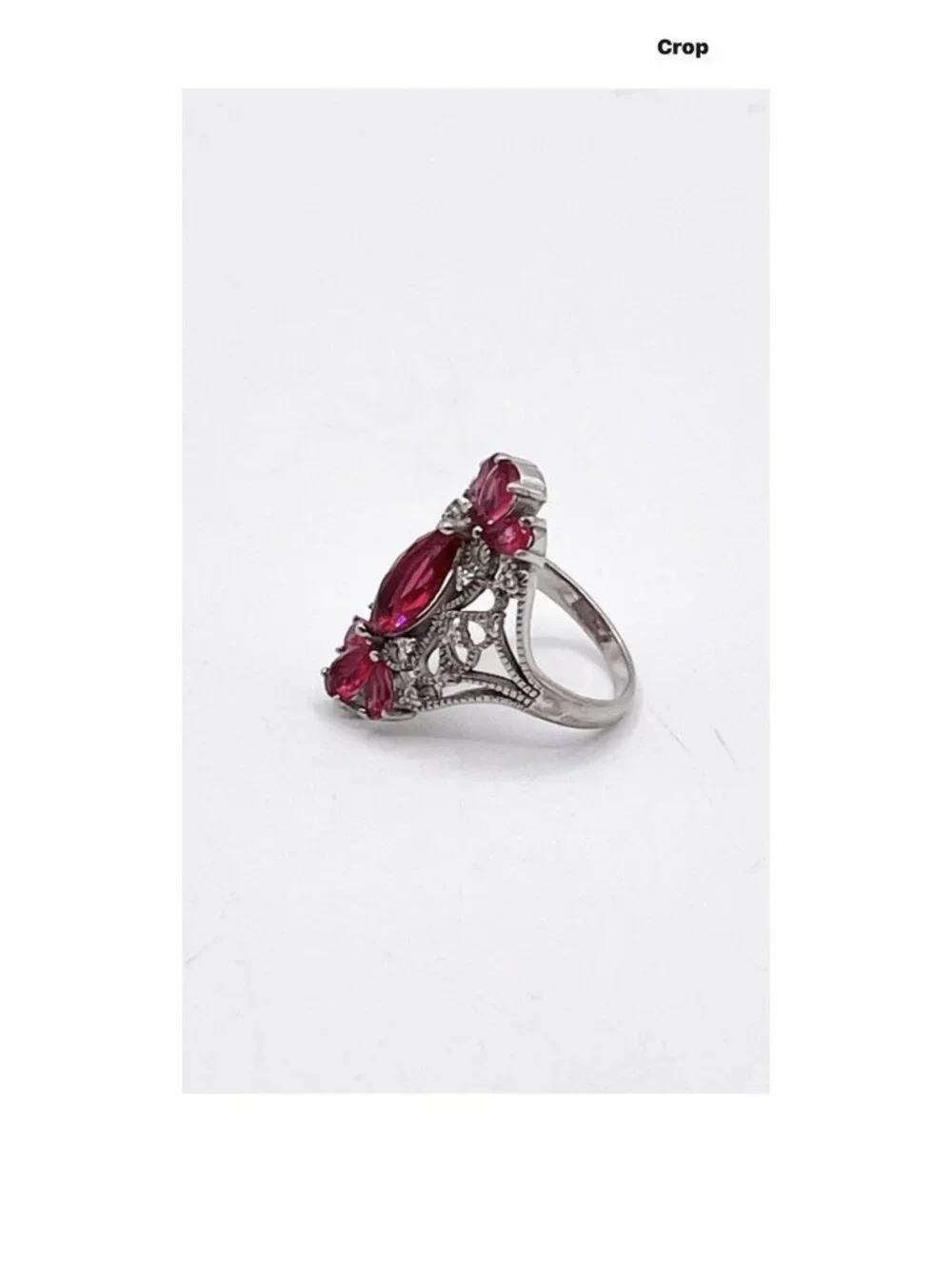 925 Sterling Silver Pink Stone Statement Ring Size 7 Art Deco Filigree Floral
